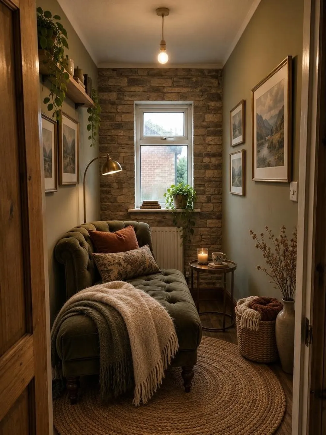 AI redesign of the same spare room as a Cozy Lounge Nook, with a brick accent wall around the window, an olive velvet chaise, a brass floor lamp and a round jute rug
