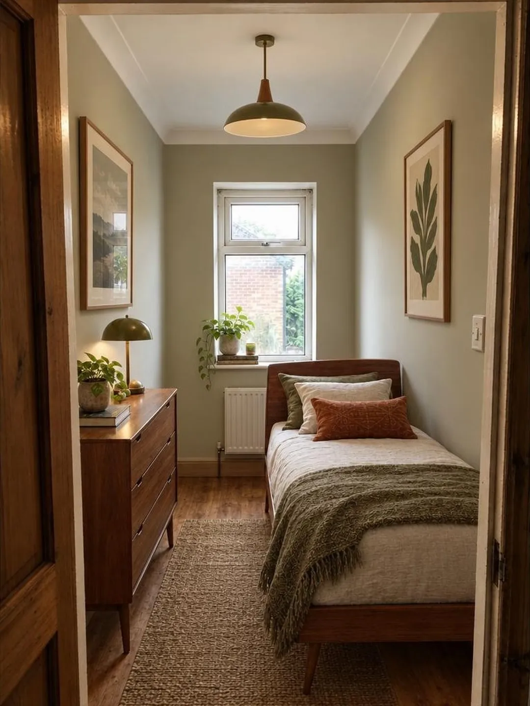 AI redesign of the same spare room in Mid-Century Modern style, with sage green walls, a walnut bed with a rust cushion, a walnut dresser and an olive pendant light