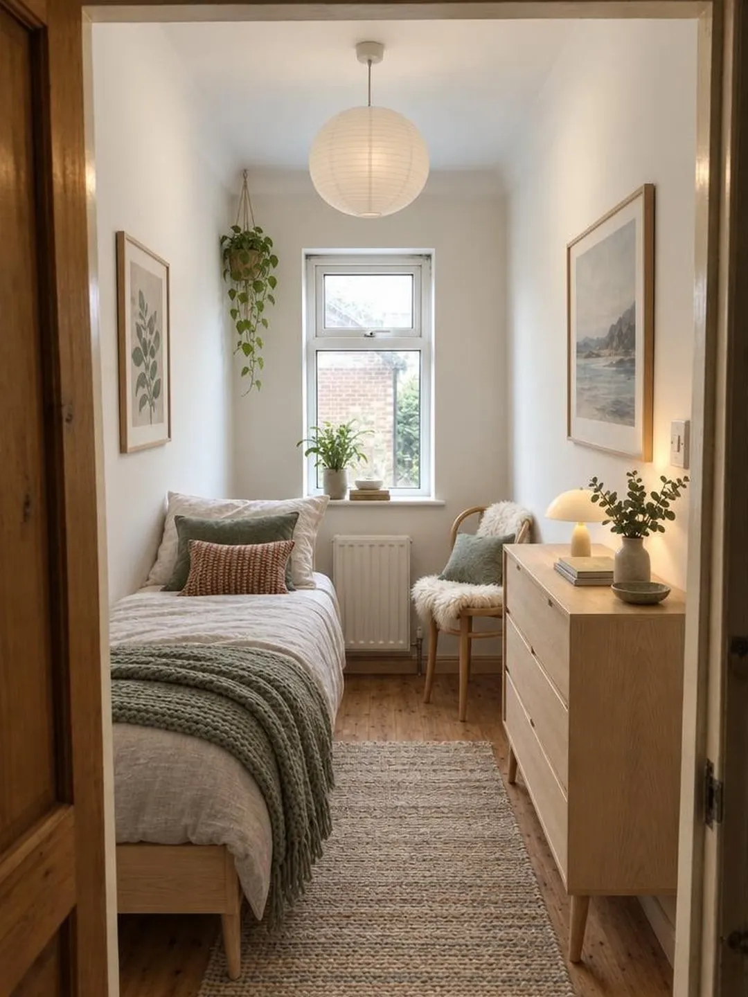 AI redesign of a narrow spare room in Scandinavian style, with a pale wood single bed, a sage knit throw, an oak dresser and a paper lantern
