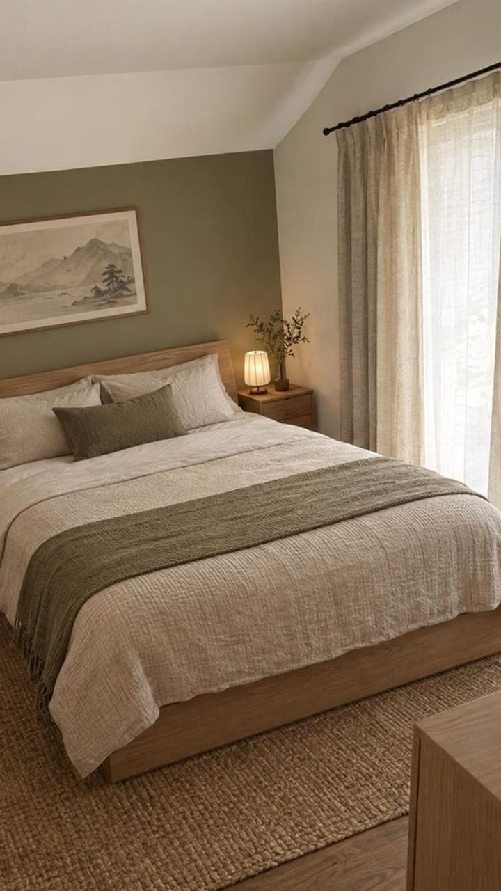 AI redesign of the same bedroom with a sage green accent wall, a pale wood bed with linen bedding, a jute rug and sheer curtains