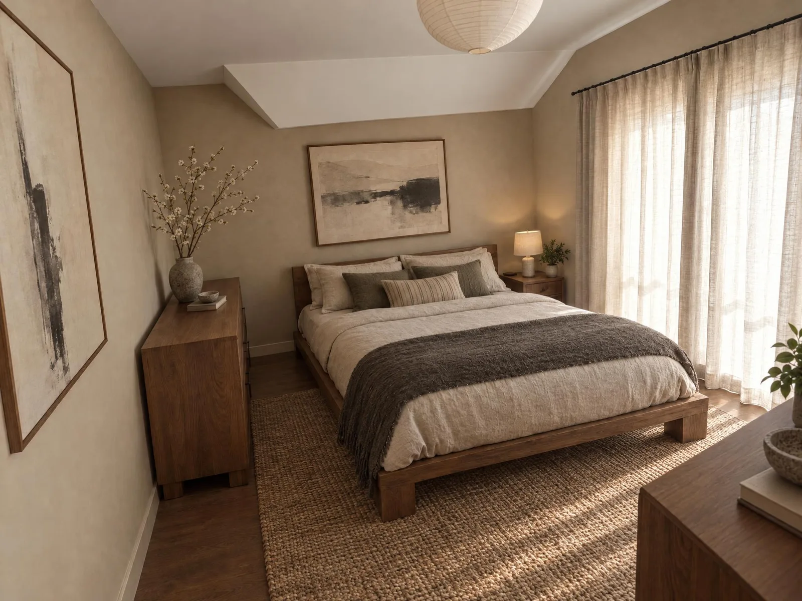 AI redesign of the same attic bedroom in Japandi style, with plaster-beige walls, a round paper lantern, sheer linen curtains on a black rod, a low walnut platform bed with linen bedding, sage and striped cushions and a dark knit throw, a walnut dresser with a vase of blossom branches, one nightstand with a lamp, two ink-wash artworks and a chunky jute rug